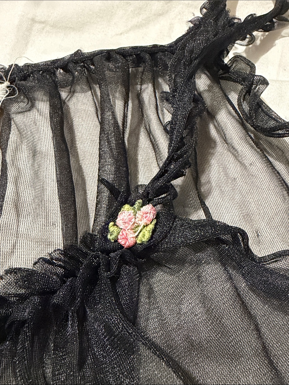 VINTAGE Babydoll Chemise Sheer Black Ruffle n Rosette mesh tank - Picture 7 of 8
